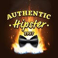 Authentic Hipster Label Vector. Vintage Emblem. On Fire. Bow Tie. Realistic Illustration