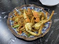 Authentic Hong Kong Style Typhoon Shelter Crab Cantonese Cuisine Wok Stir Deep Fried Seafood Crunchy Spicy Chili Crabs Garlic Bits Royalty Free Stock Photo