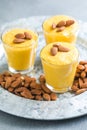 Authentic Indian cold drink made up of curd, milk malai called Lassi in saffron, kesar flavour, also called kesariya or keshariya Royalty Free Stock Photo