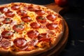 Authentic Italian flavor pepperoni pizza showcased on a wooden tray