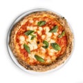 Italian Pizza Margherita, Top View, Isolated on White Background - Tomato sauce, Mozzarella, Oil and Basil Leaves Royalty Free Stock Photo