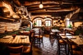 An authentic Italian trattoria, filled with rustic charm, homemade pasta hanging to dry, and a wood-fired pizza oven in the corner