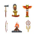 Authentic Items and Tools of Native American Indians with Hatchet, Totem, Bow, Arrow, Dreamcatcher, Bonfire and Shaman