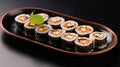 Authentic Japanese Delights, Traditional Fresh Futomaki Sushi Presented on a Sleek Black Plate. Generative AI Royalty Free Stock Photo