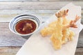 Authentic Japanese popular food Tempura with soy sauce.