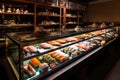 authentic japanese restaurant, with sushi and sashimi on display Royalty Free Stock Photo