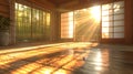 Authentic japanese tatami room with shoji screens, ambient lighting, and bamboo flooring