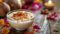 Authentic Kheer Rice Pudding in Glass Bowl Topped with Saffron and Nuts Royalty Free Stock Photo