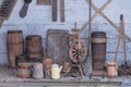 Authentic kitchenware in the house of a poor peasant in the rustic style. Installation in museums