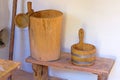 Authentic kitchenware in the house of a poor peasant in the rustic style. Village is preserving rustic traditions and history Royalty Free Stock Photo