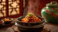 Authentic Korean spicy dish steaming in a dark stone bowl Royalty Free Stock Photo