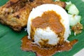 Authentic malaysian dish, steam rice served with deep fried chicken leg, cucumber and chili paste on banana leaf