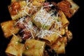 authentic mediterranean cheese italian paccheri pasta with fresh tomato sauce in close up