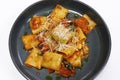 authentic mediterranean cheese italian paccheri pasta with fresh tomato sauce in close up