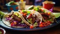 Authentic Mexican Tacos with Grilled Meat and Fresh Vegetables on a Plate, AI Generated