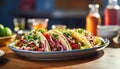 Authentic Mexican Tacos with Savory Beef and Fresh Vegetables on a Plate, AI Generated