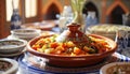 Authentic Moroccan Tagine Dish Served on Traditional Ceramic Tableware, AI Generated Royalty Free Stock Photo