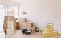 authentic moving, cardboard boxes with stuff, rent apartment, buy new property, house ad and sale, moving at new own house. Royalty Free Stock Photo