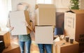 authentic moving, on the move, house ad and sale, cardboard boxes with stuff background, free space, new place, relocation season. Royalty Free Stock Photo