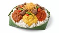 Authentic Nasi Krawu Dish from Gresik East Java Indonesia with Shredded Beef Rice Sambal and Condiments on Banana Leaf Royalty Free Stock Photo