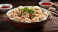 Authentic Oriental Dumplings Served In Traditional Red And White Bowl