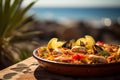 Authentic Paella Amidst Bustling Spanish Marketplace Vibrancy