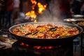 Authentic Paella Amidst Bustling Spanish Marketplace Vibrancy