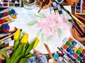 Authentic paint brushes still life on table in art class school. Royalty Free Stock Photo