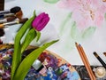 Authentic paint brushes still life on table in art class school. Royalty Free Stock Photo