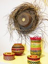 Authentic Panama hat or Paja Toquilla Hat and colored baskets, Ecuador