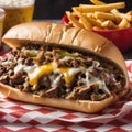 Authentic Philly Cheesesteak Sandwich with French Fries and a Beer Royalty Free Stock Photo
