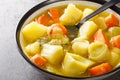 Authentic Porrusalda Spanish vegetable soup close-up in a bowl. horizontal
