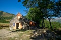 Authentic renovated Pyrenean barn in the Aure valley. slate roof, exposed stone and wood construction. amazing view on the