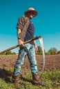 Authentic rural farmer with scythe. Agriculture worker. Farm implements. Rustic background. Work countryside. Brutal country man. Royalty Free Stock Photo