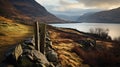 Authentic Scottish Landscape: Stone Fence Leading To Serene Lake