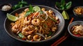 Authentic Shrimp Pad Thai with Fresh Ingredients and Condiments Royalty Free Stock Photo