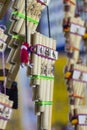 Authentic south american panflutes in local market in Peru. Royalty Free Stock Photo