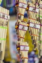 Authentic south american panflutes in local market in Peru. Royalty Free Stock Photo