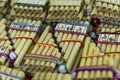 Authentic south american panflutes in local market in Peru. Royalty Free Stock Photo