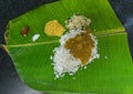 Authentic south Indian meals served on banana leaf. Royalty Free Stock Photo