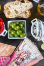 Authentic spanish tapas selection on wooden table from above Royalty Free Stock Photo