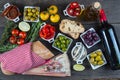 Authentic spanish tapas selection on wooden table from above Royalty Free Stock Photo