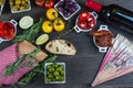 Authentic spanish tapas selection on wooden table from above Royalty Free Stock Photo