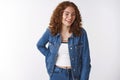 Authentic studio shot attractive carefree redhead curly queer young girl freckles pimples having fun laughing joyfully