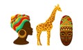 Authentic Symbols of Africa with Ornamental Mask and Woman Head with Turban Vector Set Royalty Free Stock Photo