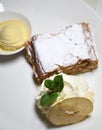 Authentic traditional apple strudel, Apfelstrudel in Vienna, Austria. Served on a white plate Royalty Free Stock Photo