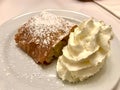 Authentic Traditional Apple Strudel, Apfelstrudel in Vienna, Austria. Served on a white plate, in restaurant setting. Vanilla ice Royalty Free Stock Photo