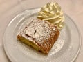 Authentic Traditional Apple Strudel, Apfelstrudel in Vienna, Austria. Served on a white plate, in restaurant setting. Vanilla ice Royalty Free Stock Photo