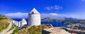 Authentic traditional Greece - windmills of leros island Royalty Free Stock Photo