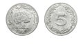 authentic Tunisian 5 milliemes coin year 1983 obverse and reverse side on white background,macro close up